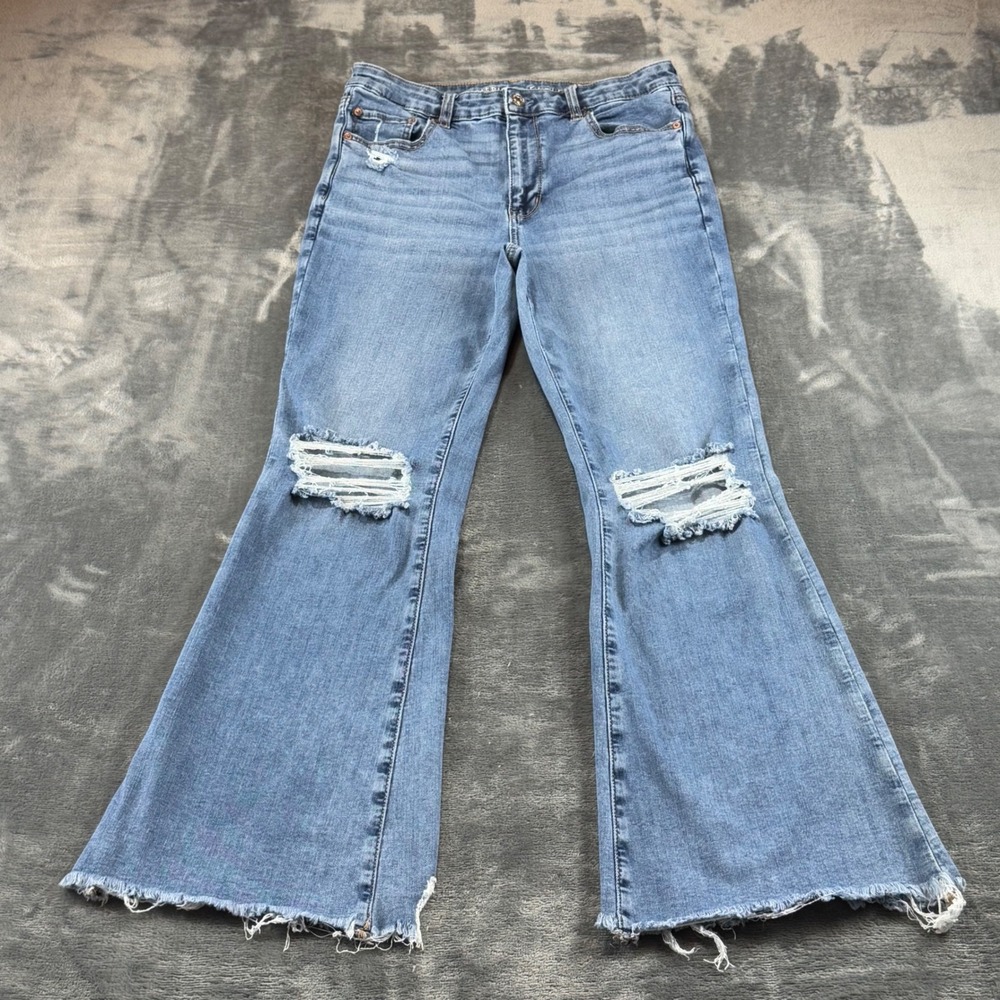 American Eagle Super High Rise Flare Jeans Distressed Raw Hem Blue Womens 10 Reg